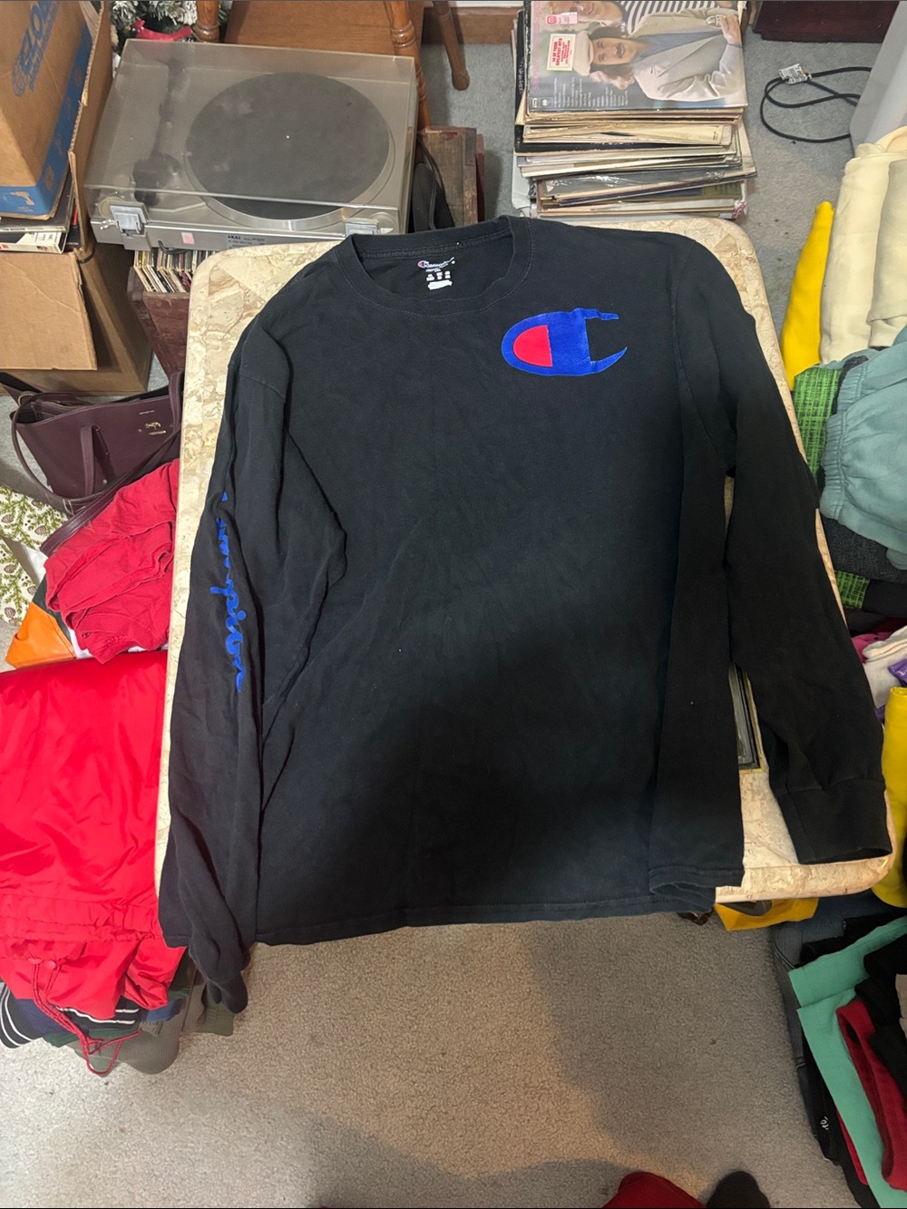 Champion Black Long-Sleeve Crew with Blue and Red Logo